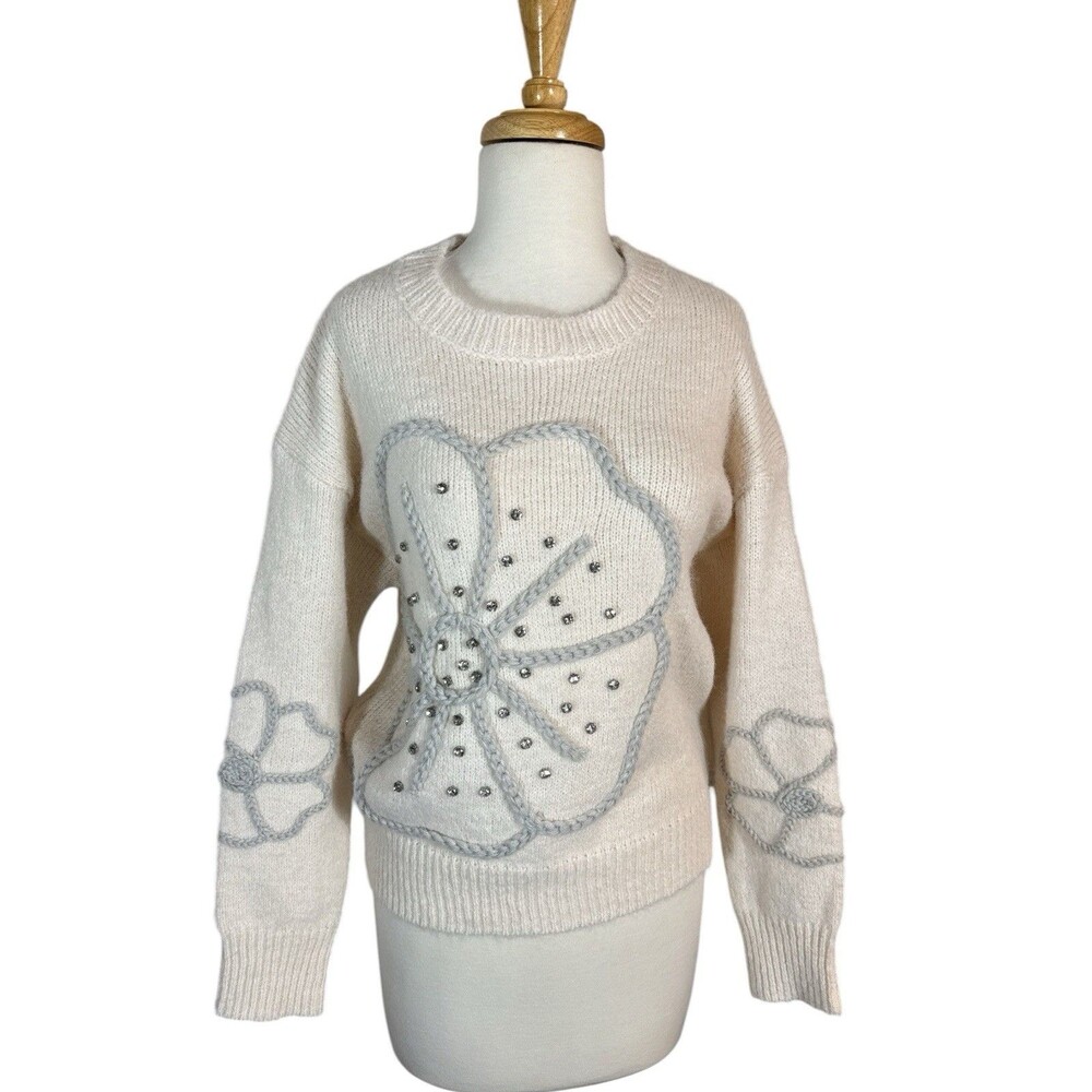 Rain Soft Wool Blend Ivory Cream Sweater Floral Rhinestone Applique Oversized